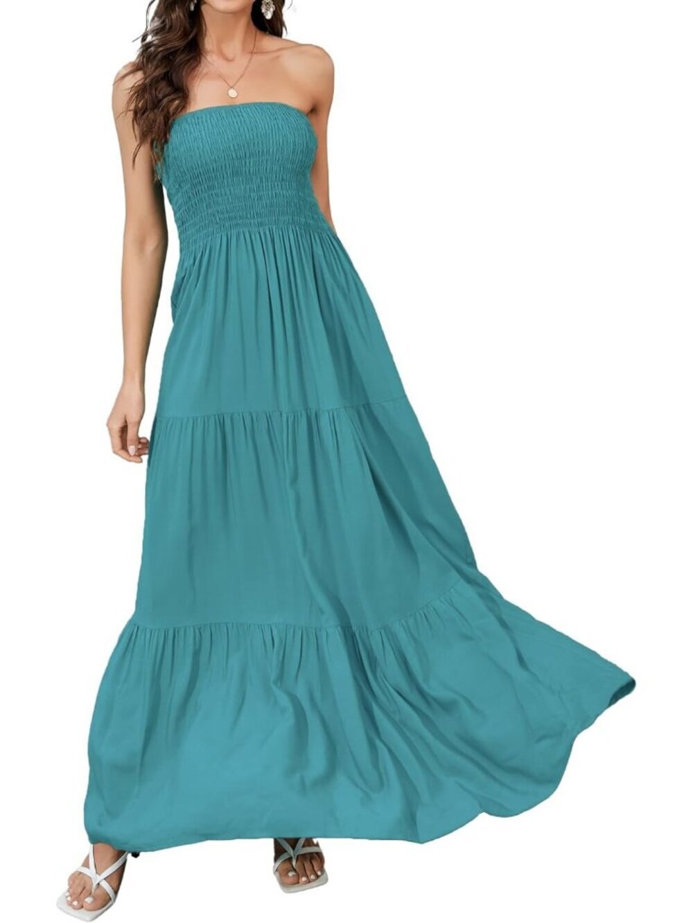Women's Ice Green Strapless A Line Tube Top Backless Casual Sun Maxi Dress